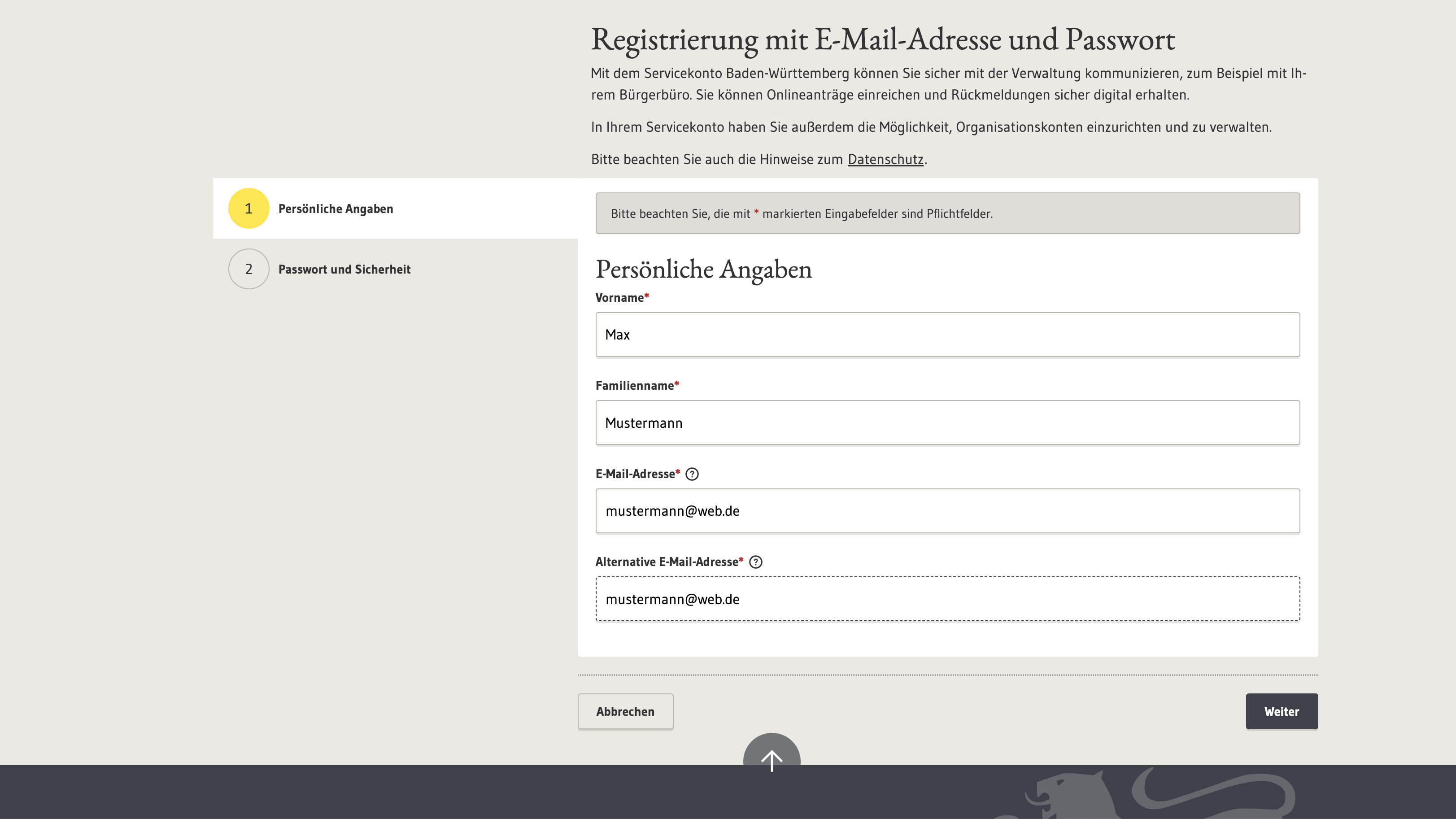 Anmeldemaske mit persönlichen Angaben auf Sevice-BW